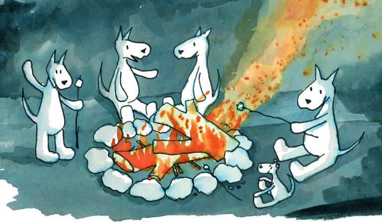 Join the Conversation illustration of dogs talking by a campfire