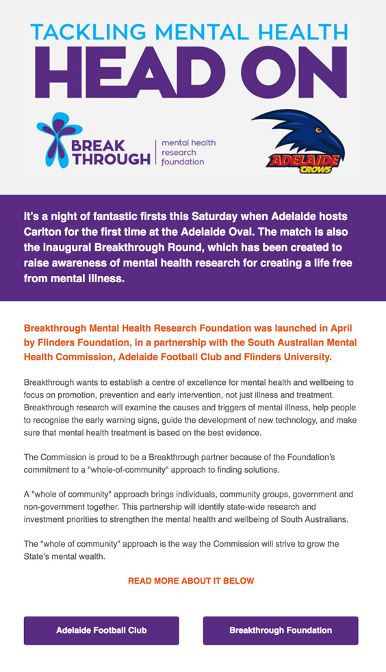 Tackling Mental Health head on! Adelaide Vs Carlton: Inaugural Breakthrough Round