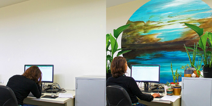 Image left: Windowless office – Many people work in rooms without windows. Image right: ‘Art breaks’ produced the calming and relaxing effect of nature-connection. Photos by B.Minuzzo.